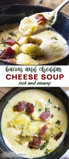 bacon and cheddar cheese soup in a black bowl