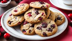 a white plate topped with cookies and cranberries