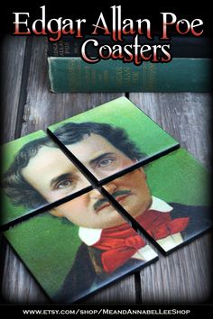 the edgar allen poe coasters are on display