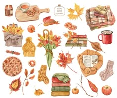 an illustration of autumn items including books, apples, pies and other fall things