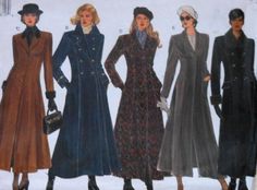 four women's coats and hats are shown in three different styles, including one with a