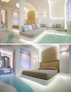 two pictures of a bedroom with white walls and blue flooring, one has a large bed