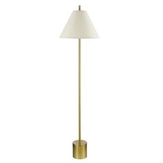 a gold floor lamp with a white shade