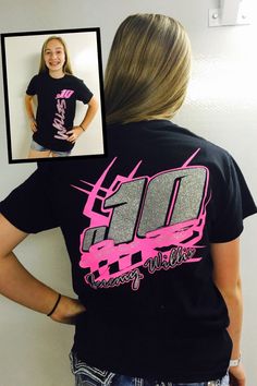 a woman wearing a black shirt with pink writing on it and a photo of her