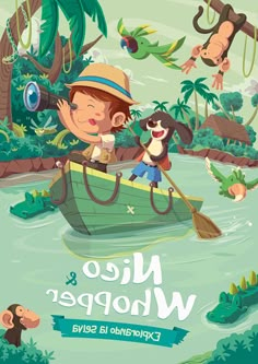 a cartoon character riding in a boat on the water with monkeys and other animals around