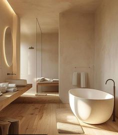 a large white bath tub sitting next to a wooden counter top in a bathroom under lights