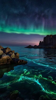 an aurora bore over the ocean with rocks and green lights in the sky above it