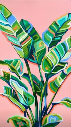 a painting of a potted plant on a pink background