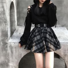 Dark Girl Series Top   Skirt KF81059 Black And White Plaid Skirt, Egirl Fashion, Goth Outfit, Plaid Wool Skirt, Cute Skirt Outfits, Skirt Mini, Wool Skirt, Goth Outfits, Alternative Outfits