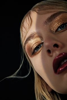 Gold Makeup Editorial, Gold Editorial Makeup, Red Gold Makeup, Metallic Photoshoot, Red And Gold Makeup, Gold Foil Makeup, Golden Makeup Look, Golden Photoshoot, Chanel Makeup Looks