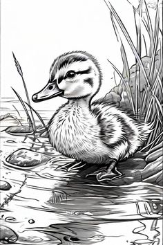 a black and white drawing of a duckling in the water by some reeds