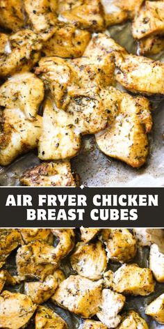 air fryer chicken breast cubes on a pan with text overlay that says air fryer chicken breast cubes