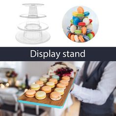 there is a display stand with different types of pastries on it and in the background