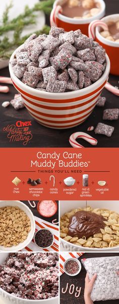 the candy cane muddy bake recipe is shown in three different pictures, including chocolate and marshmallows