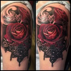 a woman's arm with a red rose on it and an intricate lace border