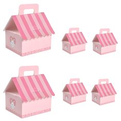 four small pink boxes with white and pink stripes on the top one has a cat in it