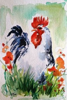 a watercolor painting of a rooster in the grass with flowers around him and an orange flower behind it