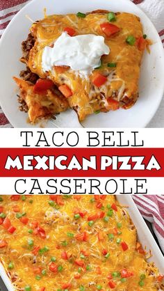 mexican casserole with taco belli and sour cream on top is shown