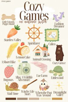 a poster with different types of games on it's sides and the words cozy games written