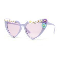 These sunglasses are adorable! They have a gothic heart-shaped cat eye silhouette, which is very stylish. They are also decked out with a super girly daisy jewel and letter bead trim, which makes them even more cute. The 100% UV400 polycarbonate lenses will surely protect your girls' precious eyes from the sun's harmful rays. (c105) Size: 5 3/16" (131mm) x 1 7/8" (47mm).  Color: Purple.  Gender: female.  Age Group: kids. Baby Backpack, Plastic Sunglasses, Beaded Trim, Letter Beads, Girl Backpacks, Cat Eye, Cloth Bags, Lavender, Heart Shapes