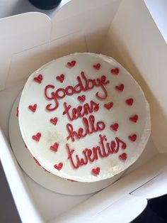 a cake in a box that says goodbye, hello valentine's written on it