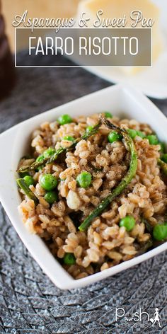 asparagus and sweet pea farro risotto in a square white bowl