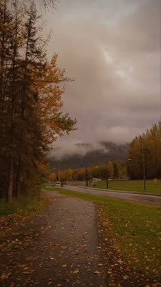 an empty road in the middle of a park with trees on both sides and mountains in the background