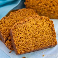 three slices of pumpkin bread sitting on top of a piece of paper next to each other