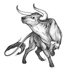 a drawing of a bull with horns on it's back and long horns in its mouth