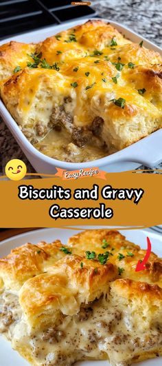 the casserole is topped with meat and cheese