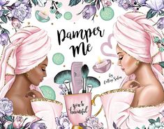 two women in pink robes are looking at each other and one is holding a cup with the word pamper me on it