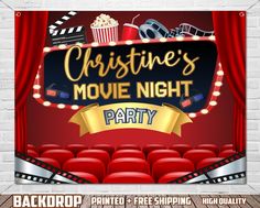 a movie night party poster with red chairs