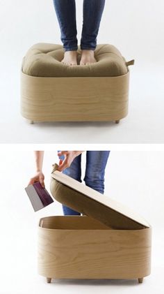 a person standing on top of a wooden ottoman