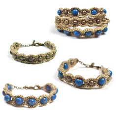 three different bracelets with blue beads on them