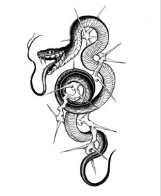 a black and white drawing of a snake with its head in the middle of it's body