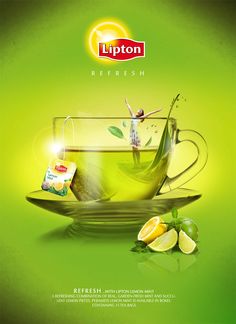 an advertisement for lipton tea with lemons and mint leaves in the glass cup