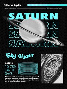 an advertisement for saturn and saturn is shown in black and white with blue lettering on it