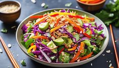 a salad with carrots, avocado, and red cabbage in a bowl