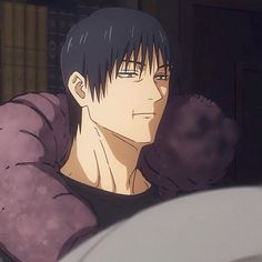 an anime character with black hair wearing a purple coat and holding his arm over his shoulder