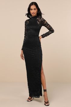 Everyone will be enticed by the luxurious vibe you'll bring in the Lulus Extravagant Energy Black Lace Backless Long Sleeve Maxi Dress! Sheer lace (atop a matching knit liner) shapes this sultry dress that features a chic mock neckline and long sleeves. The fitted waist tops a flattering column skirt that cascades down to an elegant maxi hem. Two button-loop closures secure above an flirty open-back cutout to complete the look. Fit: This garment fits true to size. Length: Floor length. Size medi Sultry Dress, Maxi Dress Backless, Backless Lace Dress, Lace Wedding Guest Dress, Backless Long Sleeve, Black And Blue Dress, Column Skirt, Dress Backless, Sleeve Maxi Dress