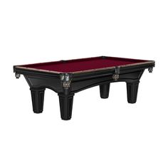 a black pool table with red cloth on the top and two silver balls at the bottom