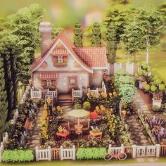 a painting of a house in the middle of a garden with lots of flowers and trees