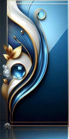 an abstract blue and gold design with flowers on it's side, against a dark background