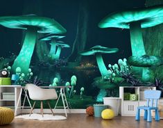 a room with green mushrooms on the wall