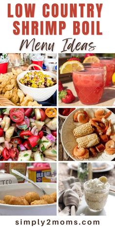 low country shrimp boil menu with pictures of different dishes and ingredients to make it look delicious