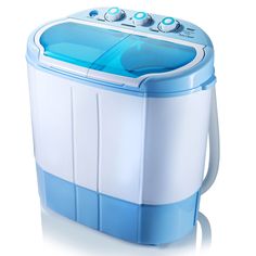 a blue and white portable washing machine on a white background with water running from the top