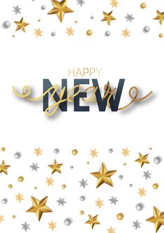 happy new year greeting card with gold stars and confetti