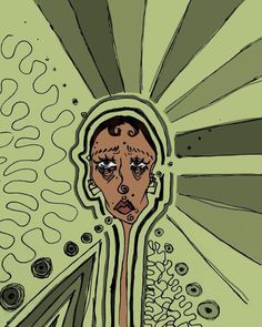 a drawing of a woman's face in the middle of a green background with circles