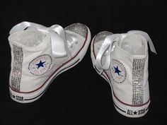 Classic hi top Converse, embellished with top quality glass crystals to toes, logo and back strip. Finished with satin ribbon laces in you chosen colour. Please add a note to your order with the ribbon colour you would like. Customisation available should you like name and date adding. Please refer Bling Sneakers, Bridal Converse, Hi Top Converse, Converse Custom, Ribbon Laces, Custom Bling, Crystal Shoes, Womens Wedding Shoes