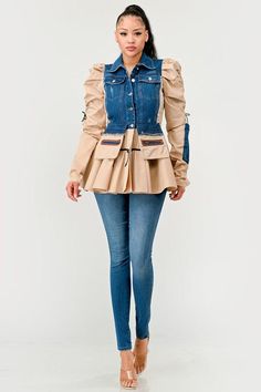 Peplum Panache Denim Jacket100% Cotton * 97% Polyester * 3% Spandex Minimal Stretch Puffy Sleeves Peplum StyleMade In: China Peplum Styling, Puffy Sleeves, Dress To Impress, White Blue, Peplum Top, Denim Jacket, Spandex, China, Blue